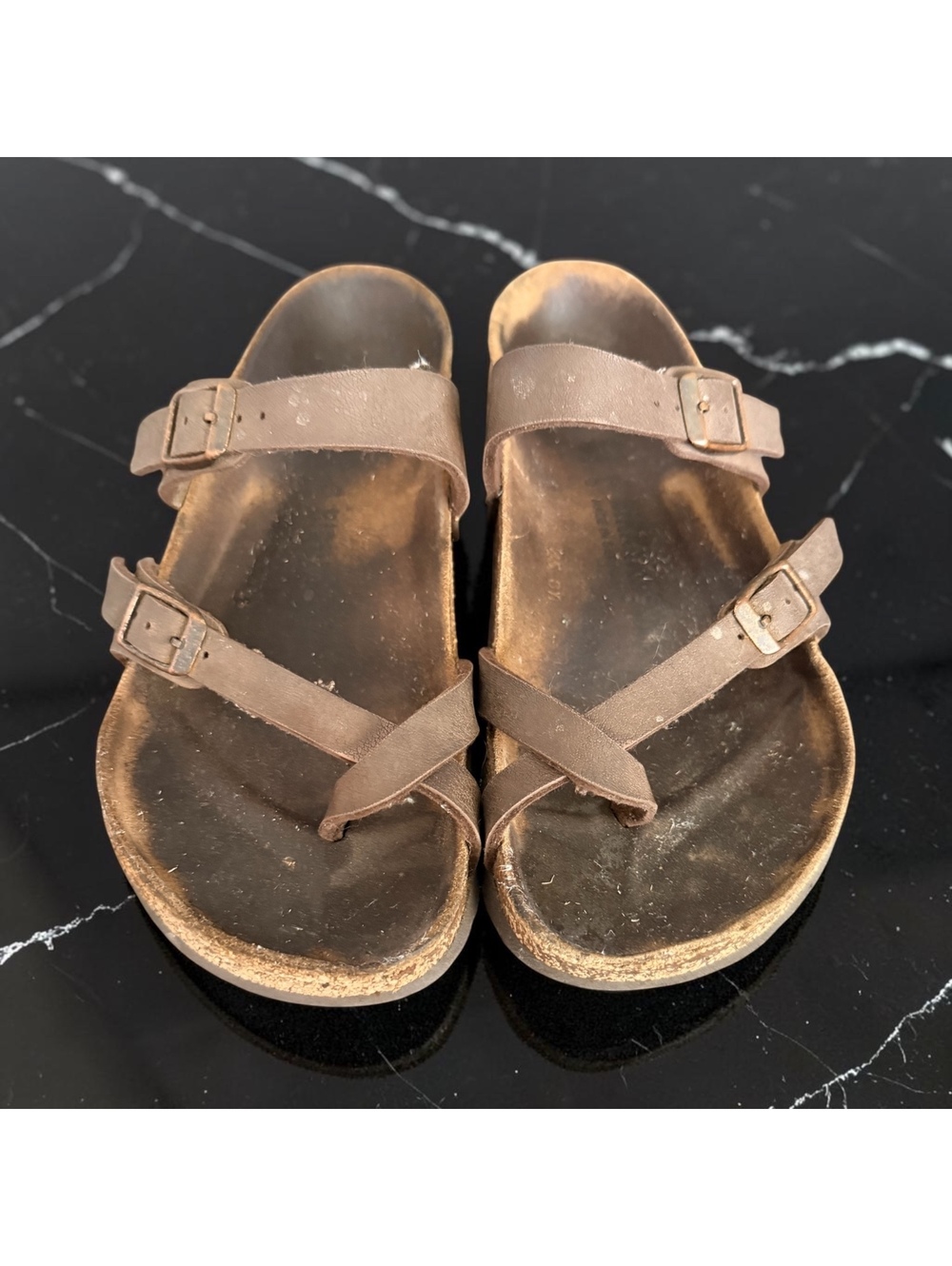 Brown Leather Double Strap Sandals with Buckle Closures